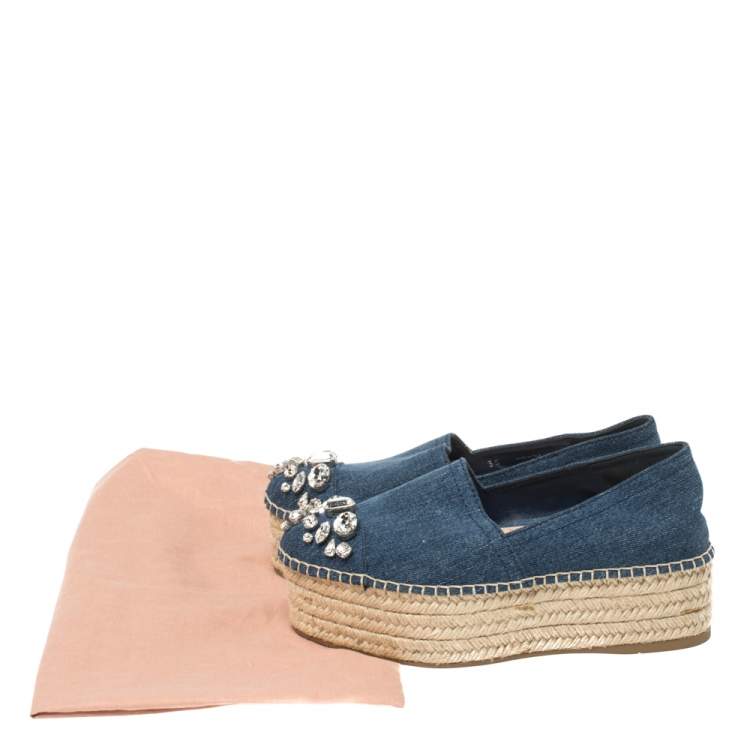 Pre Owned Miu Miu Blue Denim Fabric Crystal Embellished Platform Espadrilles Flats Size 35