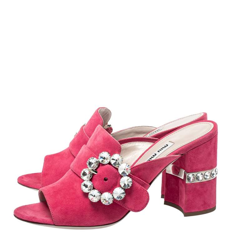 Pre Owned Miu Miu Pink Suede Crystal Embellished Block Heel Sandals Size 37