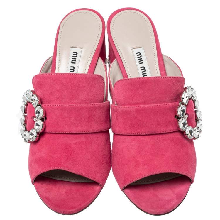 Pre Owned Miu Miu Pink Suede Crystal Embellished Block Heel Sandals Size 37