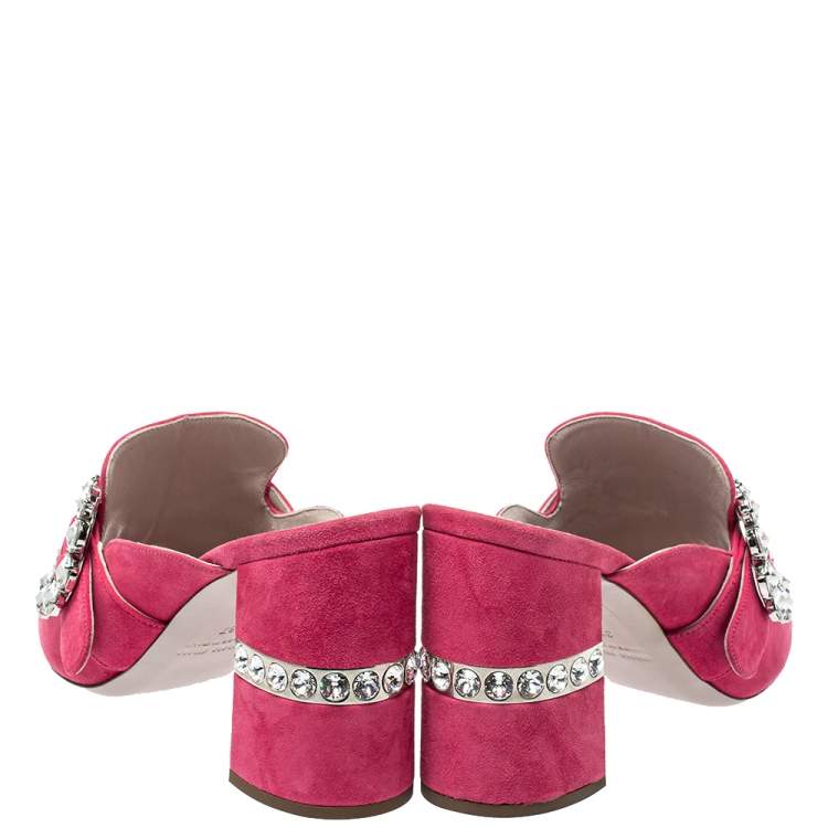 Pre Owned Miu Miu Pink Suede Crystal Embellished Block Heel Sandals Size 37