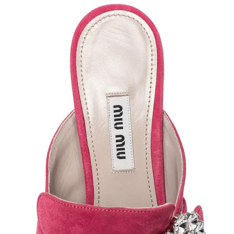 Pre Owned Miu Miu Pink Suede Crystal Embellished Block Heel Sandals Size 37