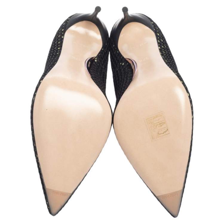Pre Owned Miu Miu Black/Green Mesh And Fabric Pointed Toe Pumps Size 37.5