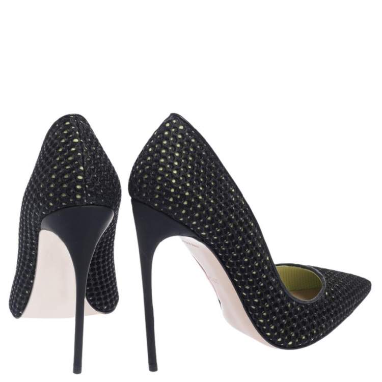 Pre Owned Miu Miu Black/Green Mesh And Fabric Pointed Toe Pumps Size 37.5