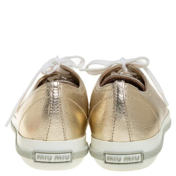 Pre Owned Miu Miu Metallic Gold Leather Crystal Embellished Low Top Sneakers Size 38.5