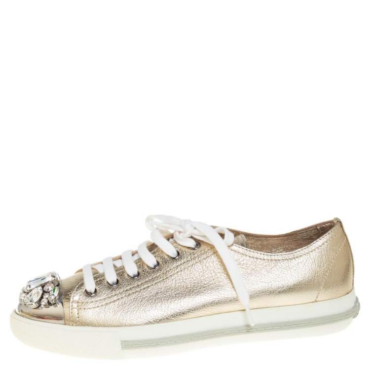 Pre Owned Miu Miu Metallic Gold Leather Crystal Embellished Low Top Sneakers Size 38.5