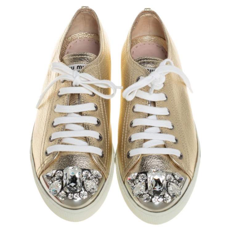 Pre Owned Miu Miu Metallic Gold Leather Crystal Embellished Low Top Sneakers Size 38.5