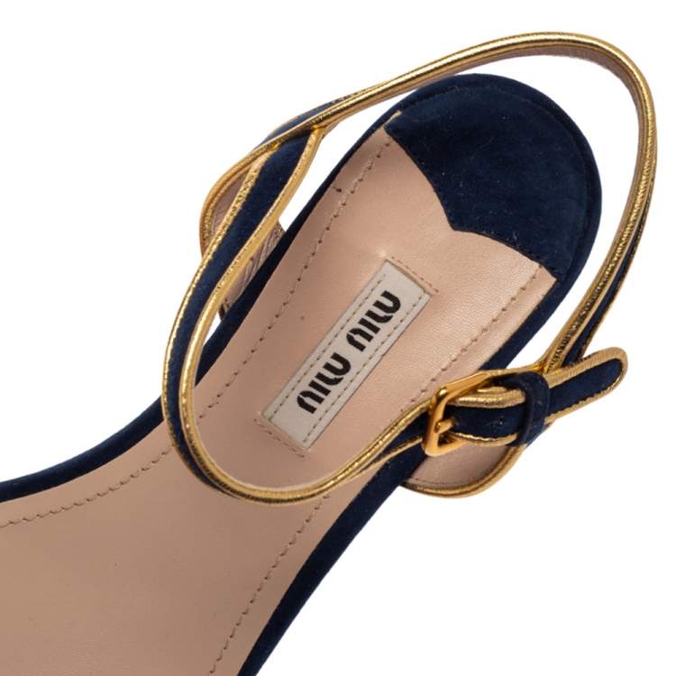 Pre Owned Miu Miu Blue Suede Crystal Embellished Heel Ankle Strap Platform Sandals Size 38
