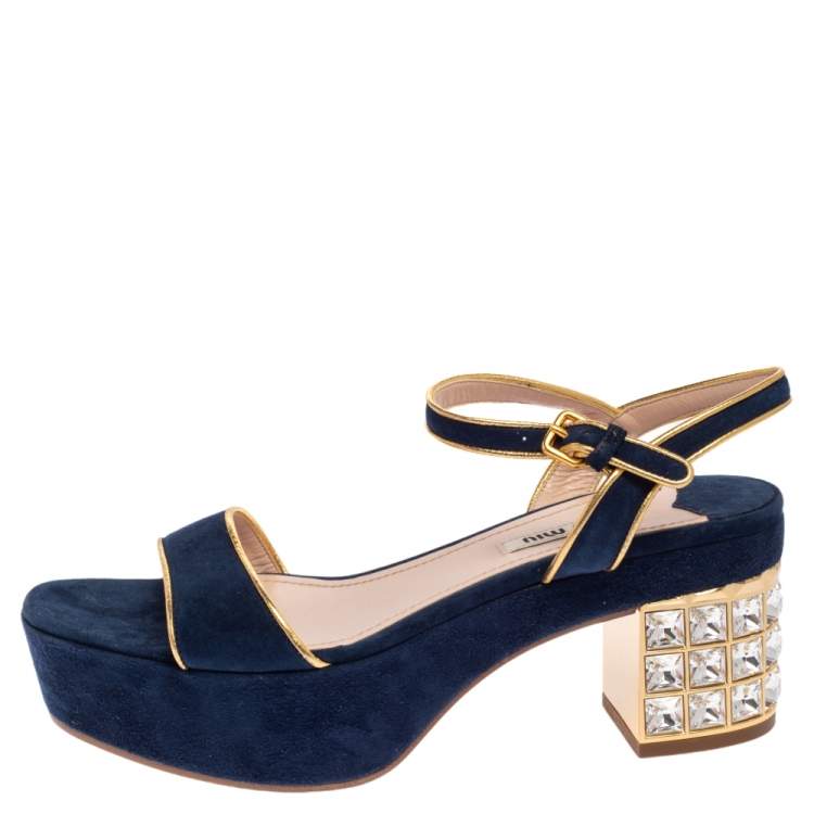 Pre Owned Miu Miu Blue Suede Crystal Embellished Heel Ankle Strap Platform Sandals Size 38