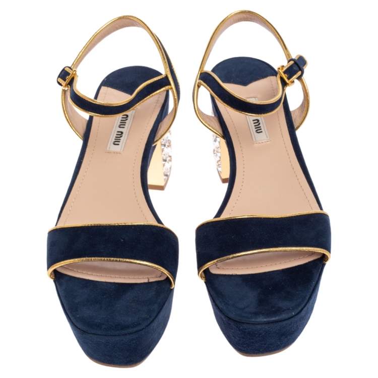 Pre Owned Miu Miu Blue Suede Crystal Embellished Heel Ankle Strap Platform Sandals Size 38
