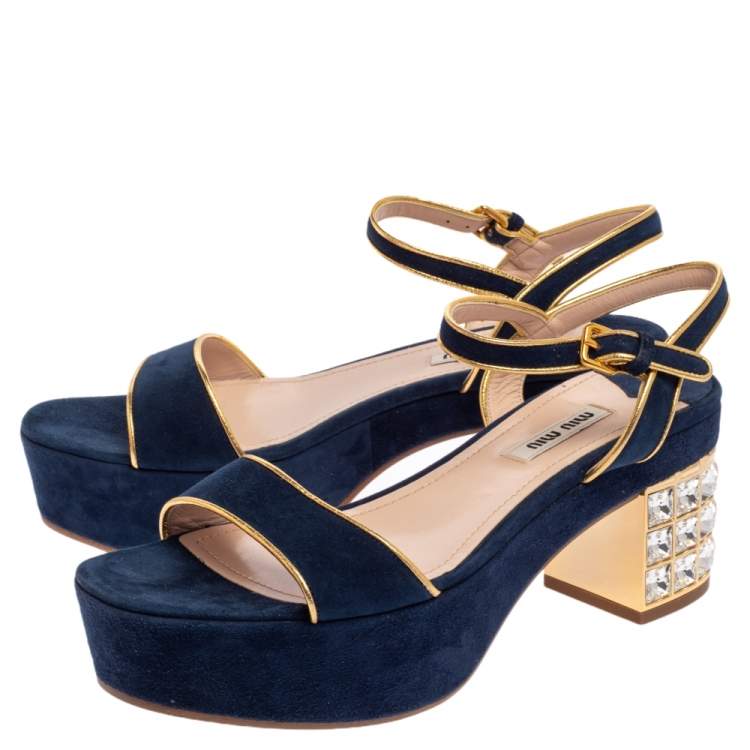 Pre Owned Miu Miu Blue Suede Crystal Embellished Heel Ankle Strap Platform Sandals Size 38