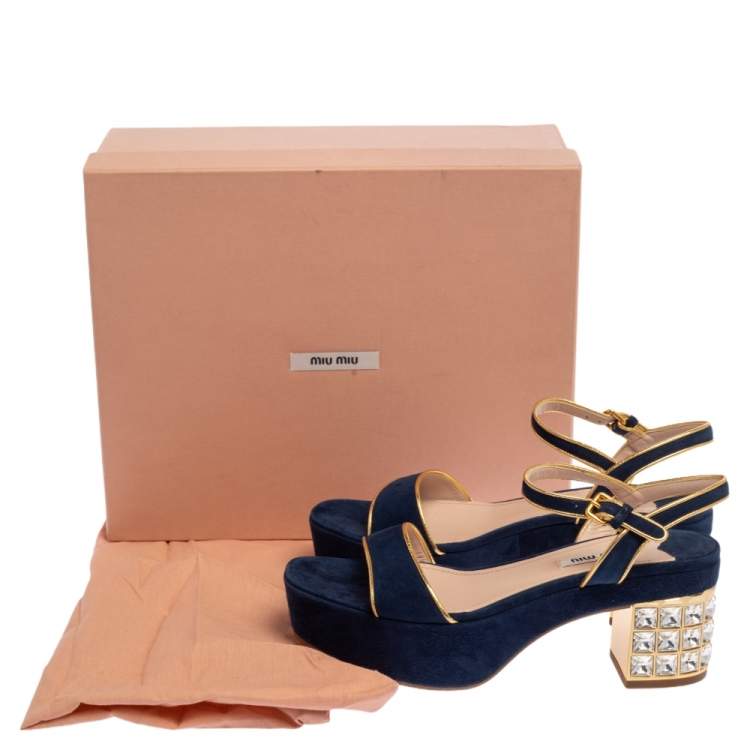 Pre Owned Miu Miu Blue Suede Crystal Embellished Heel Ankle Strap Platform Sandals Size 38
