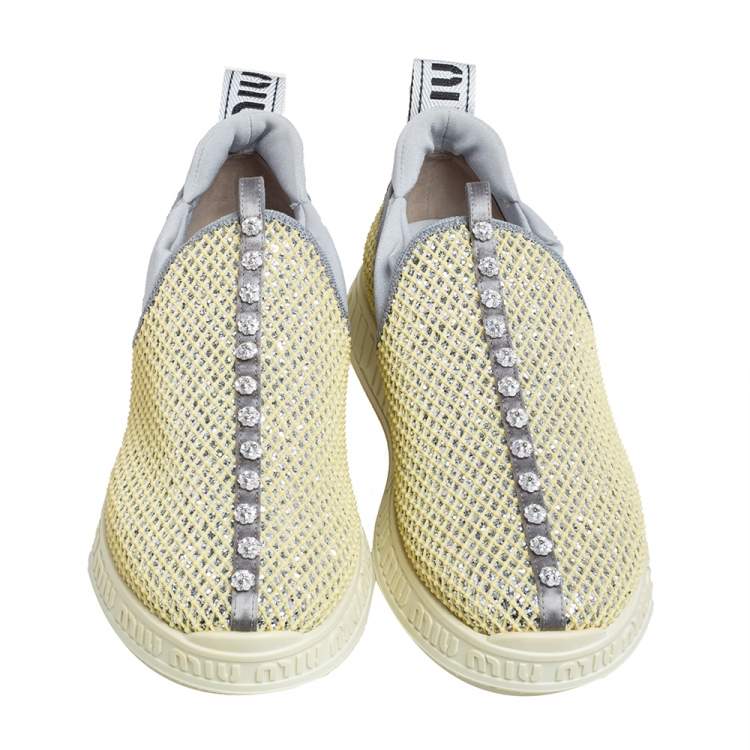 Pre Owned Miu Miu Yellow Mesh Crystal Embellished Slip On Sneakers Size 37