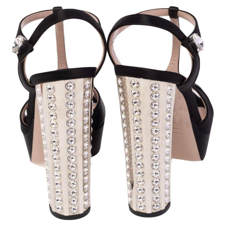 Pre Owned Miu Miu Black Satin Embellished Block Heel Peep Toe Platform Ankle Strap Sandals Size 36.5