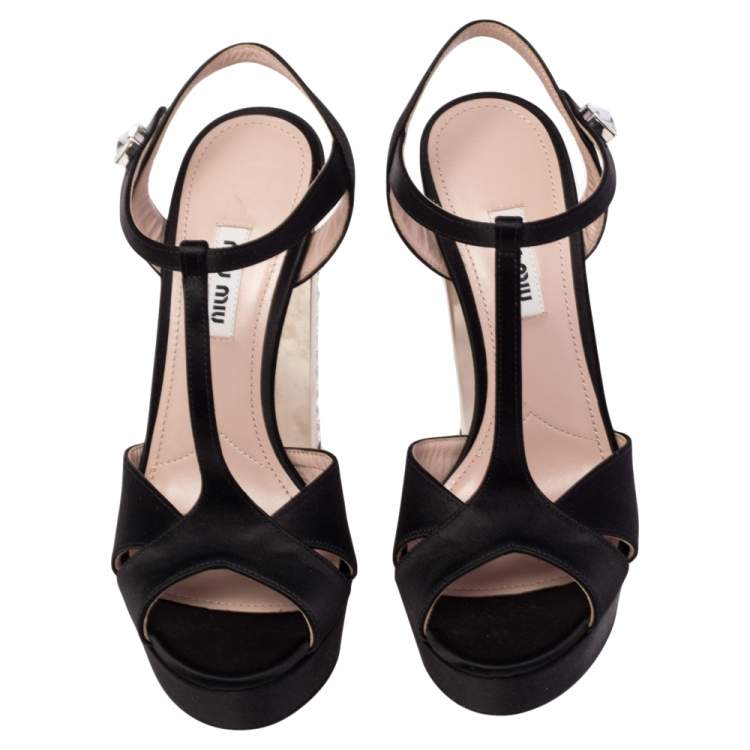Pre Owned Miu Miu Black Satin Embellished Block Heel Peep Toe Platform Ankle Strap Sandals Size 36.5