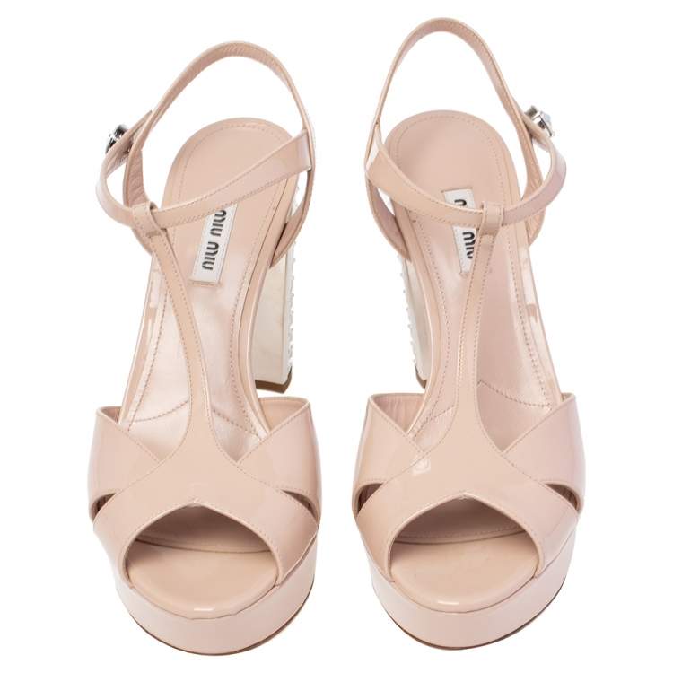 Pre Owned Miu Miu Beige Patent Leather T Strap Crystal Embellished Heel Platform Sandals Size 40