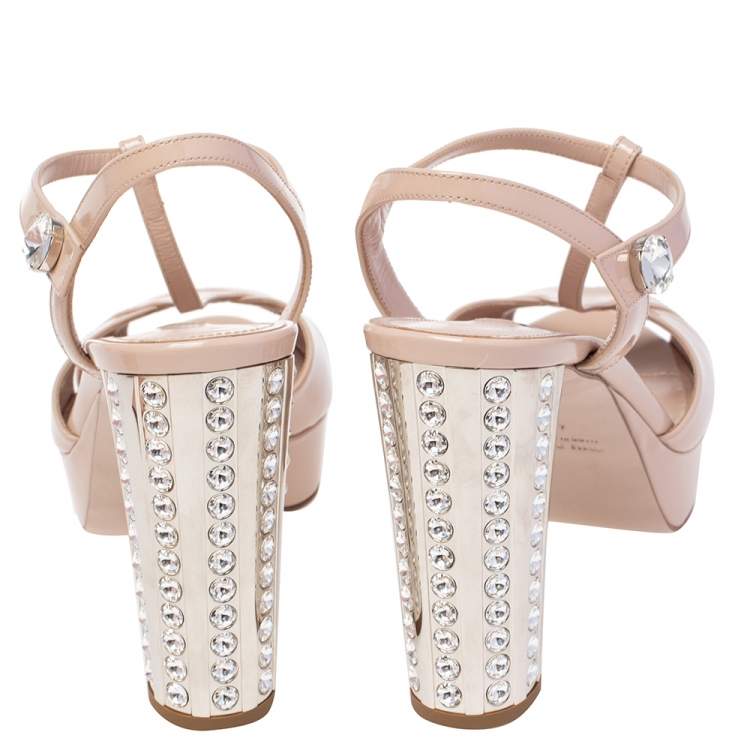 Pre Owned Miu Miu Beige Patent Leather T Strap Crystal Embellished Heel Platform Sandals Size 40