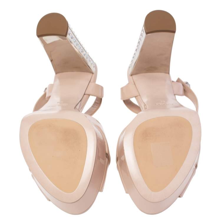 Pre Owned Miu Miu Beige Patent Leather T Strap Crystal Embellished Heel Platform Sandals Size 40