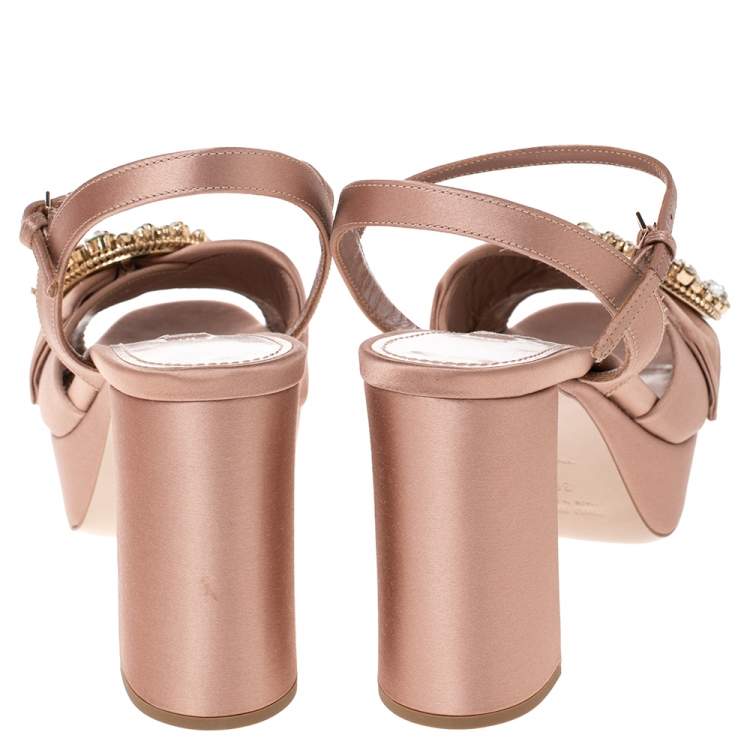 مملوكة مسبقًا Miu Miu Beige Satin Embellished Platform Heel Sandals Size 38