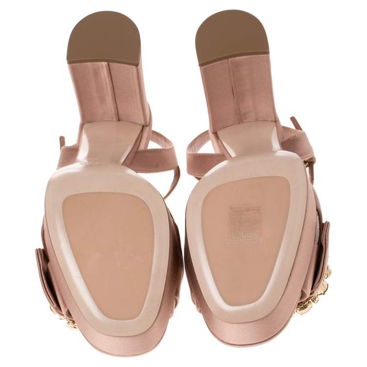 مملوكة مسبقًا Miu Miu Beige Satin Embellished Platform Heel Sandals Size 38