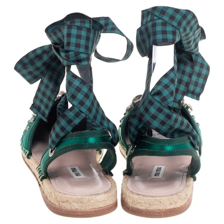 Pre Owned  Miu Miu Green Satin Crystals Ankle Wrap Espadrille Flats Size 40