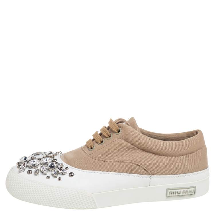 Pre Owned Miu Miu Beige Canvas and Rubber Crystal Embellished Cap Toe Sneakers Size 37