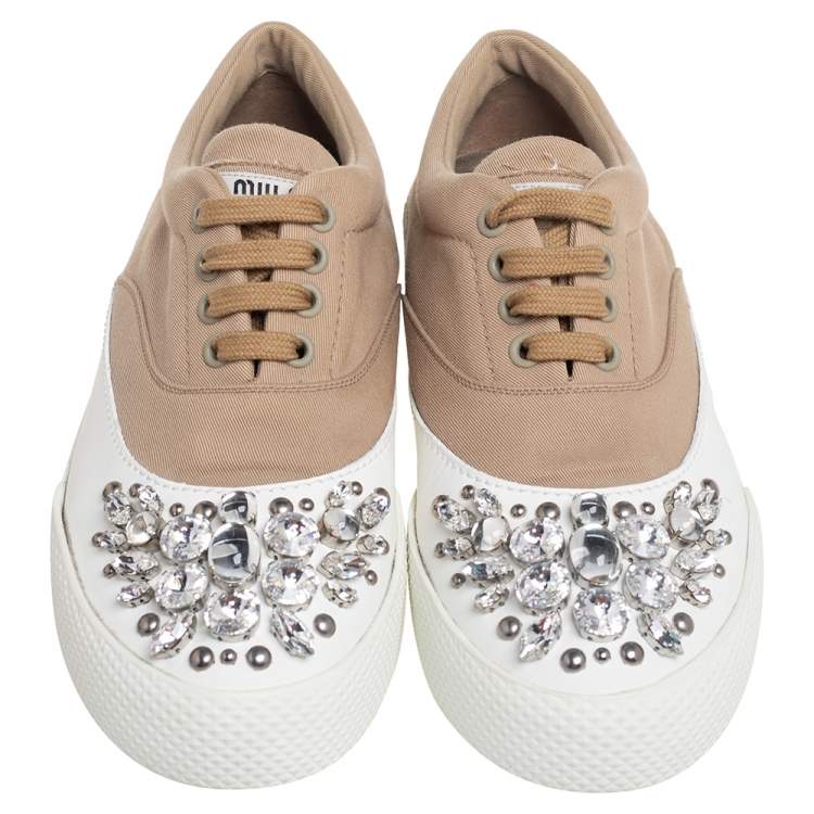 Pre Owned Miu Miu Beige Canvas and Rubber Crystal Embellished Cap Toe Sneakers Size 37