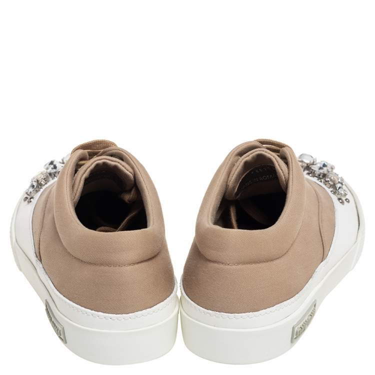 Pre Owned Miu Miu Beige Canvas and Rubber Crystal Embellished Cap Toe Sneakers Size 37