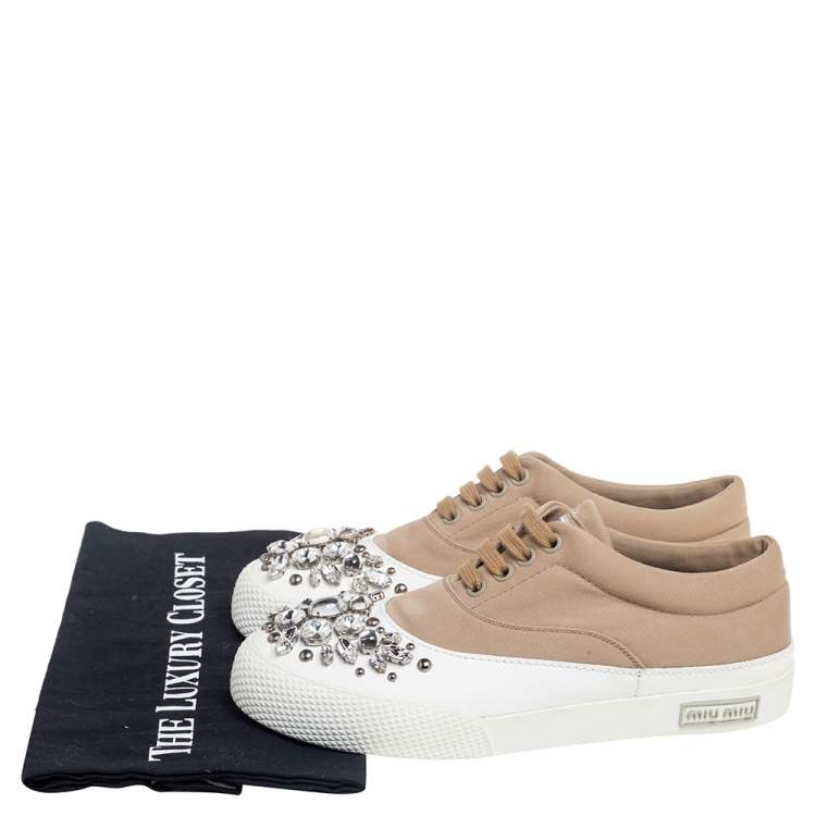 Pre Owned Miu Miu Beige Canvas and Rubber Crystal Embellished Cap Toe Sneakers Size 37