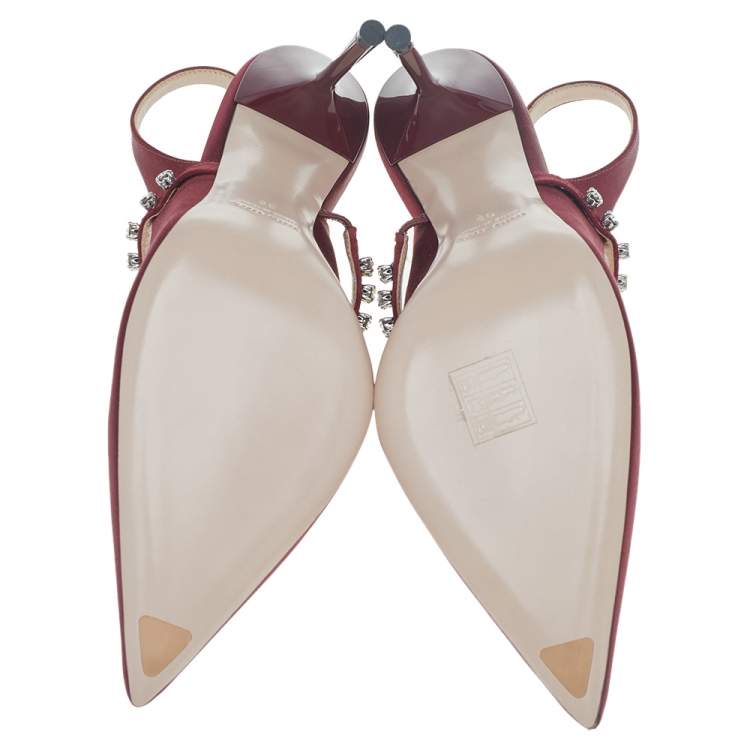 مملوكة مسبقًا Miu Miu Burgundy Satin Crystal Embellished Mary Jane Slingback Sandals Size 39