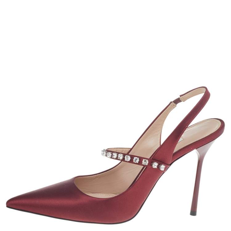 مملوكة مسبقًا Miu Miu Burgundy Satin Crystal Embellished Mary Jane Slingback Sandals Size 39