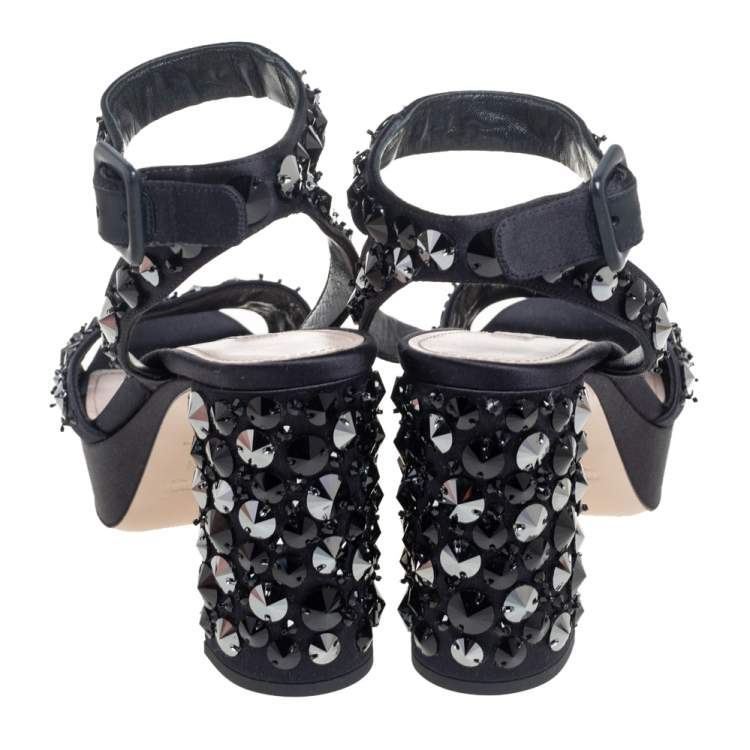 مملوكة مسبقًا Miu Miu Dark Blue Satin Embellished Platform Ankle Strap Sandals Size 39.5