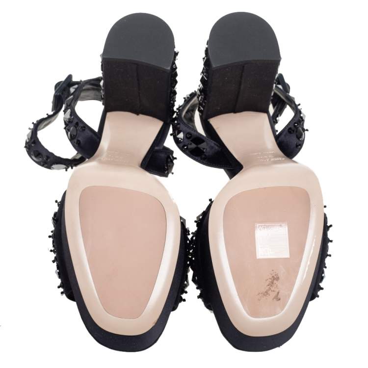 مملوكة مسبقًا Miu Miu Dark Blue Satin Embellished Platform Ankle Strap Sandals Size 39.5