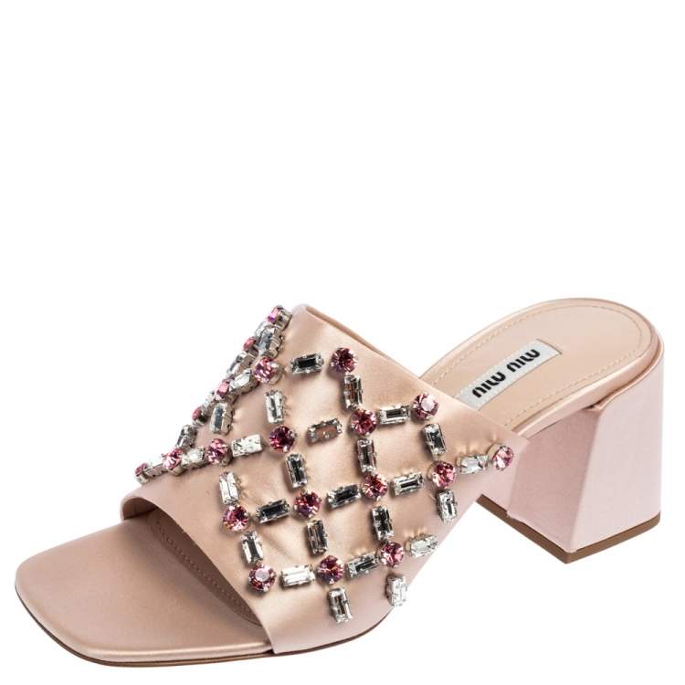 Pre Owned Miu Miu Beige Satin Crystal Embellished Block Heel Slides Size 39