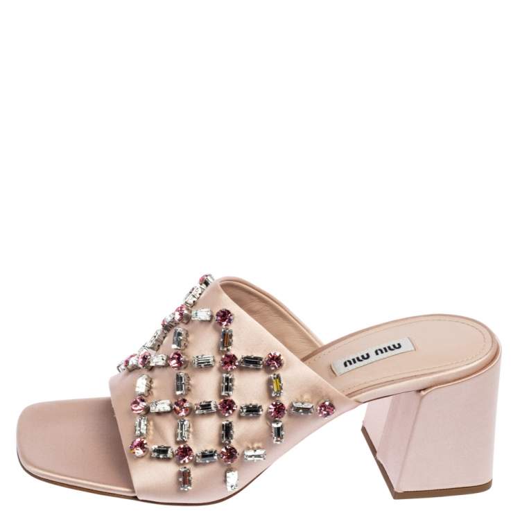 Pre Owned Miu Miu Beige Satin Crystal Embellished Block Heel Slides Size 39