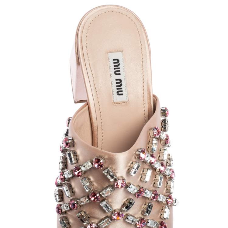 Pre Owned Miu Miu Beige Satin Crystal Embellished Block Heel Slides Size 39