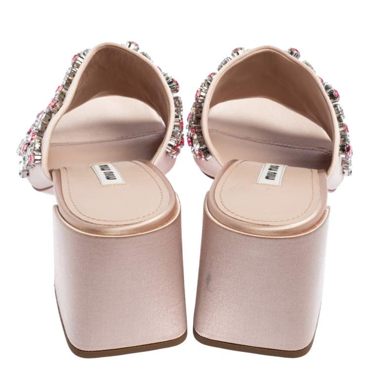 Pre Owned Miu Miu Beige Satin Crystal Embellished Block Heel Slides Size 39