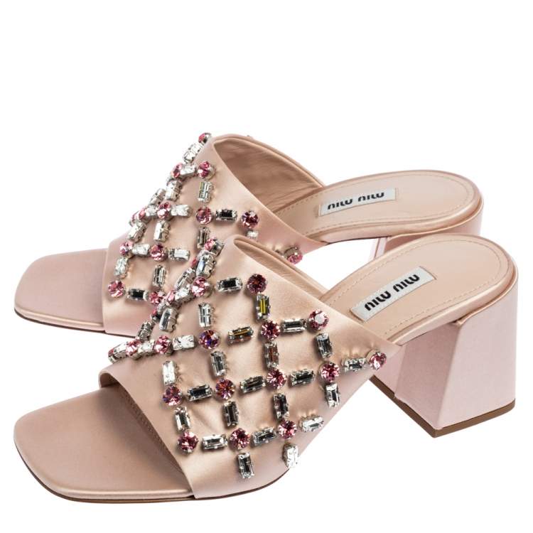 Pre Owned Miu Miu Beige Satin Crystal Embellished Block Heel Slides Size 39