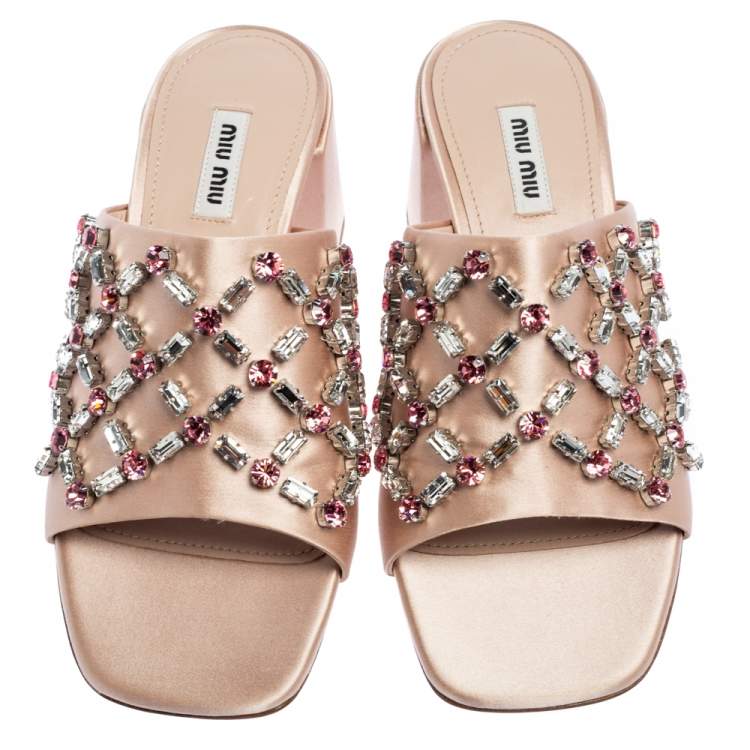Pre Owned Miu Miu Beige Satin Crystal Embellished Block Heel Slides Size 39