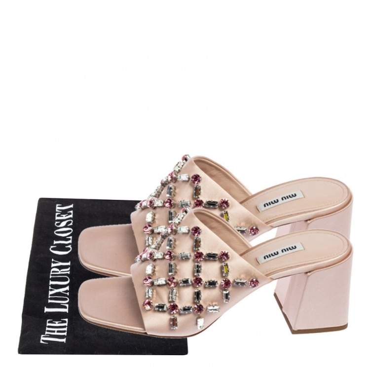Pre Owned Miu Miu Beige Satin Crystal Embellished Block Heel Slides Size 39