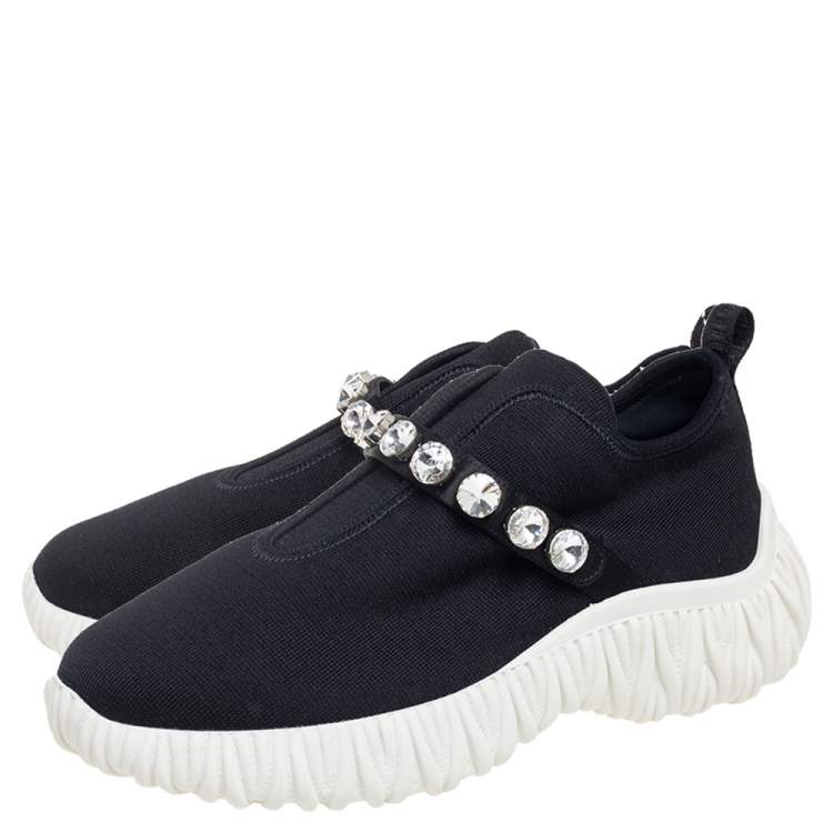 Pre Owned Miu Miu Black Fabric Crystal Embellished Slip On Sneakers Size 39