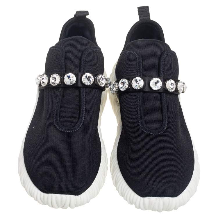 Pre Owned Miu Miu Black Fabric Crystal Embellished Slip On Sneakers Size 39