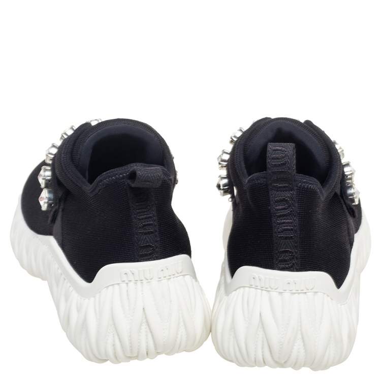 Pre Owned Miu Miu Black Fabric Crystal Embellished Slip On Sneakers Size 39