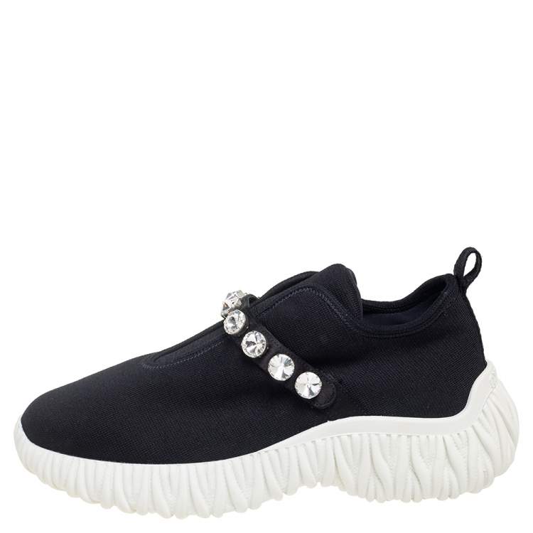 Pre Owned Miu Miu Black Fabric Crystal Embellished Slip On Sneakers Size 39