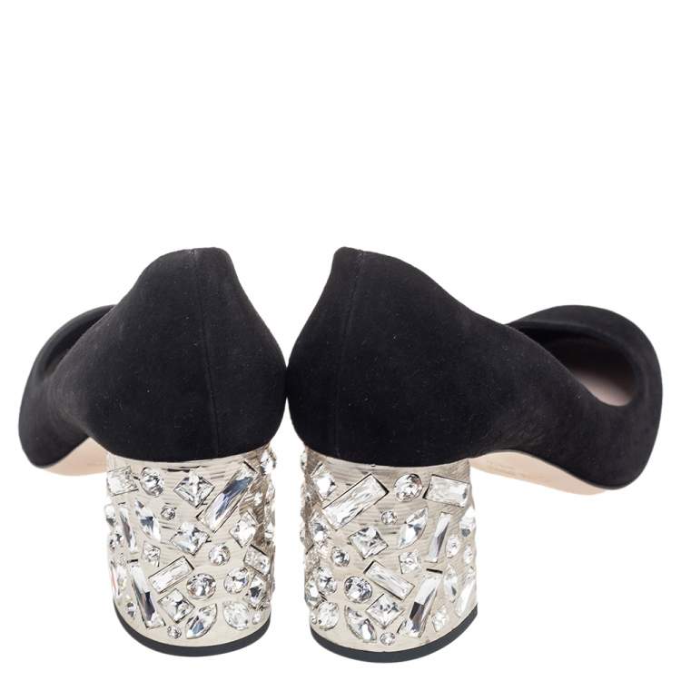 Pre Owned Miu Miu Black Suede Crystals Block Heel Pumps Size 38.5