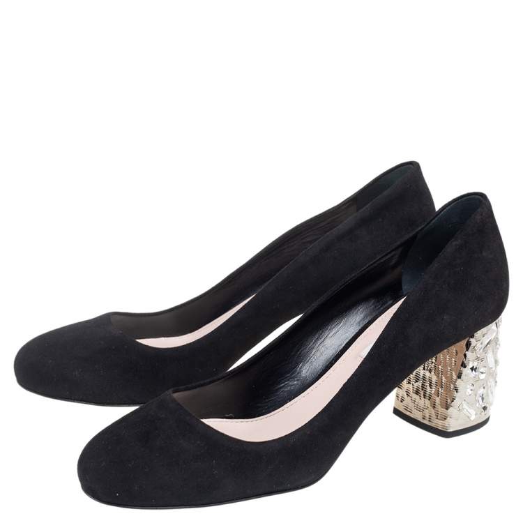 Pre Owned Miu Miu Black Suede Crystals Block Heel Pumps Size 38.5