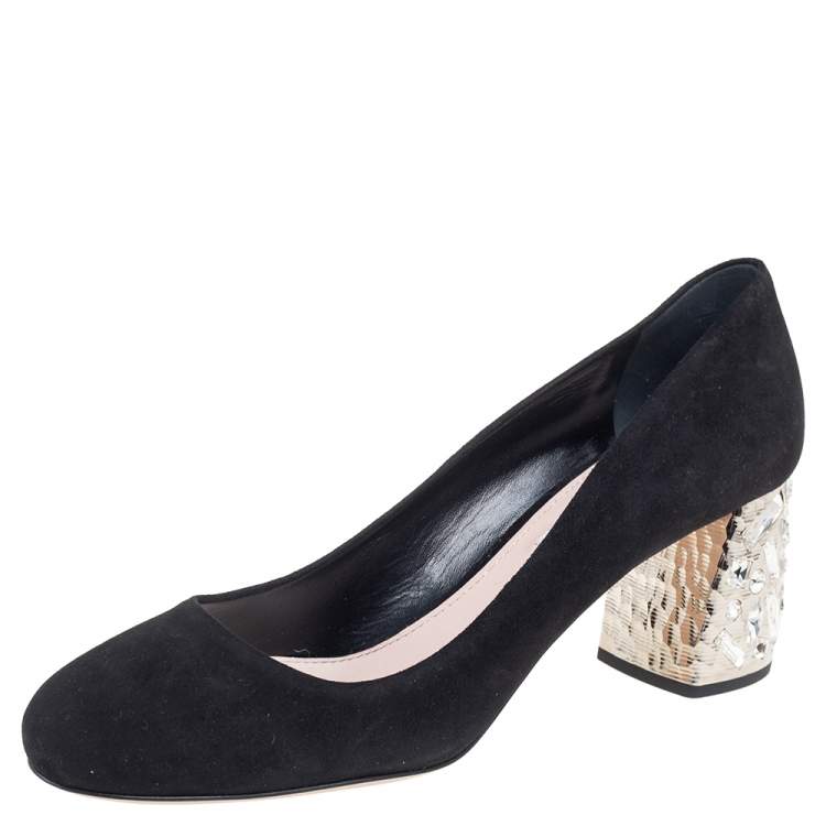 Pre Owned Miu Miu Black Suede Crystals Block Heel Pumps Size 38.5