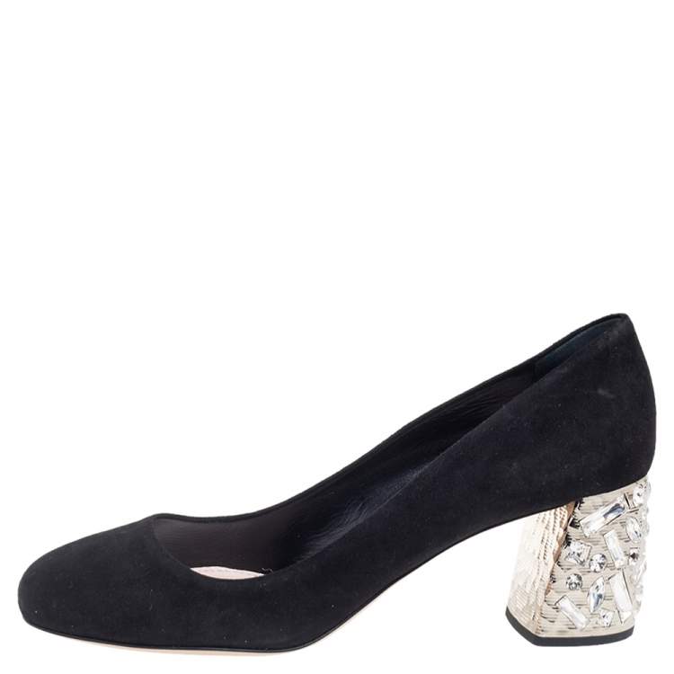 Pre Owned Miu Miu Black Suede Crystals Block Heel Pumps Size 38.5