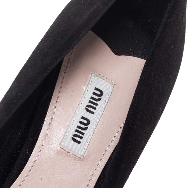 Pre Owned Miu Miu Black Suede Crystals Block Heel Pumps Size 38.5