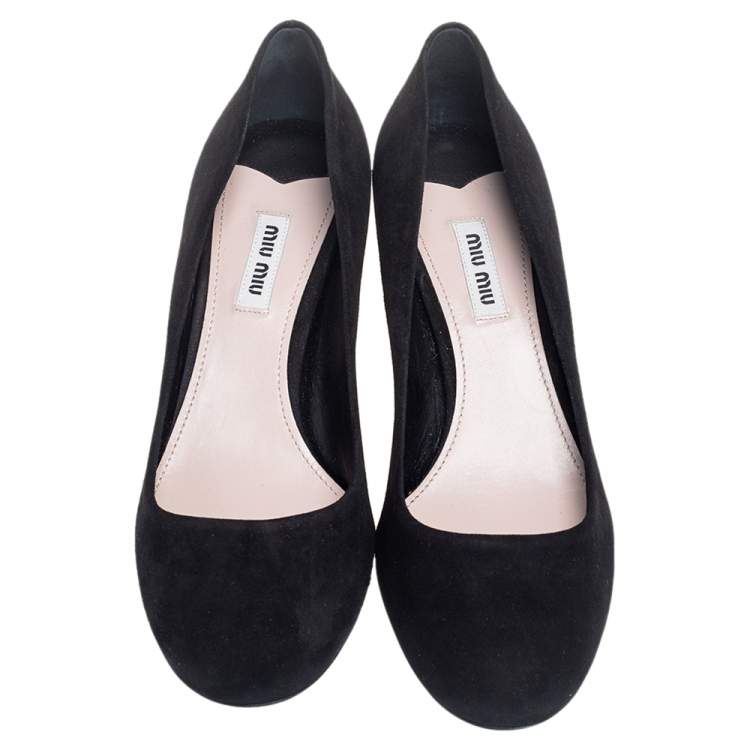 Pre Owned Miu Miu Black Suede Crystals Block Heel Pumps Size 38.5