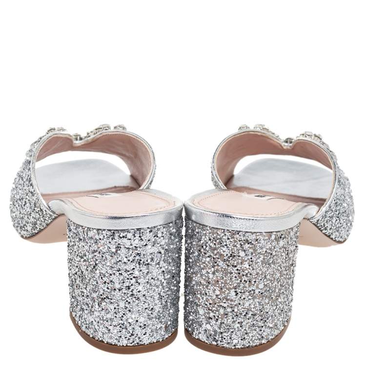 مملوكة مسبقًا Miu Miu Coarse Glitter Crystal Embellished Mules Sandals Size 38.5